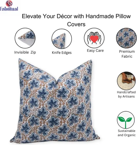 Vista 4 de Fundas de almohada de algodón grueso con estampado de bloques de 18 x 18 pulgadas, fundas decorativas hechas a mano para sofá y sofá, funda de cojín