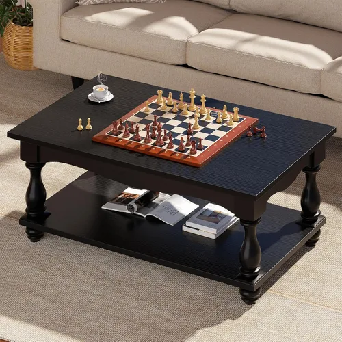 Vista 5 de Besiost Mesa auxiliar de 47 pulgadas con almacenamiento, diseño de granja de 2 niveles, patas de madera maciza, mediados de siglo para sala de Negro