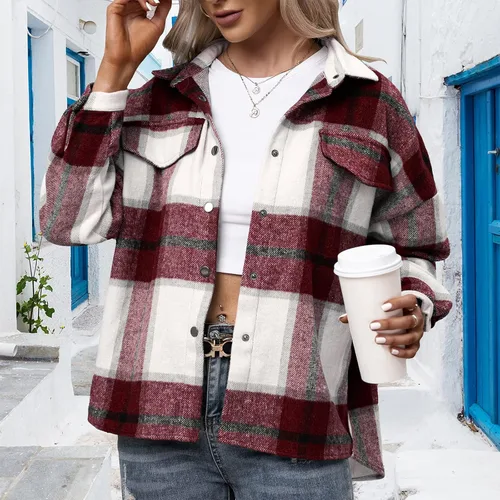 Vista 2 de American Trends Womens Plaid ShacketJacket- Oversized Wool Loose Lapel Coat Button Down Long Sleeve Shacket Shirt For Women