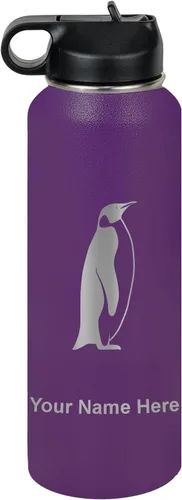 Vista 51 de LaserGram Botella de agua personalizada, pingüino, acero inoxidable de doble pared aislada al vacío con popote superior, regalo grabado