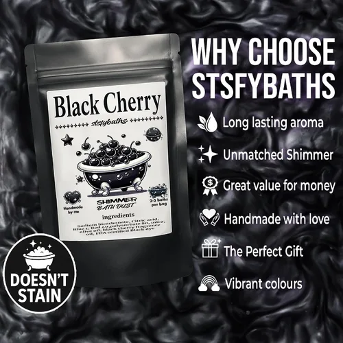 Vista 6 de Bomba de baño brillante de cereza negra en una bolsa - Bombas de baño perfumadas hechas a mano para mujeres, niños y hombres - Bombas de baño