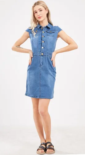 Vista 3 de chouyatou Vestido de mezclilla con solapa de 12 botón para mujer, con manga casquillo