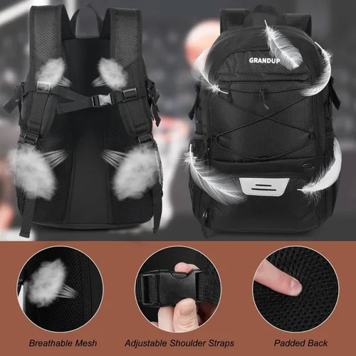 Vista 2 de GRANDUP - Mochila de baloncesto con compartimento para pelota y zapatos. Adecuada para voleibol, fútbol, natación, gimnasio, viajes y escuela