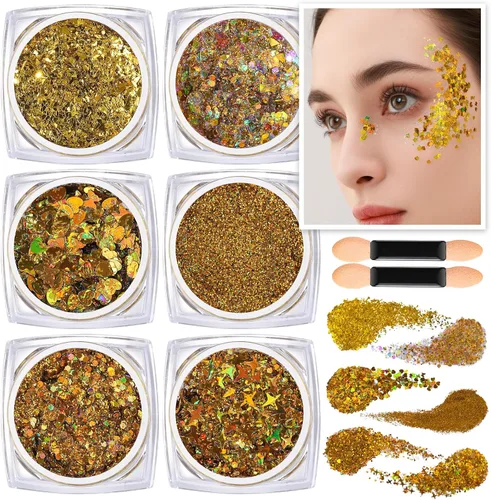 Vista 14 de Teenitor Purpurina para Cara y Cuerpo - Azul, Gel de Purpurina para Cabello, 6 Formas Purpurina de Maquillaje Festival para Cara, Cabello y Cuerpo