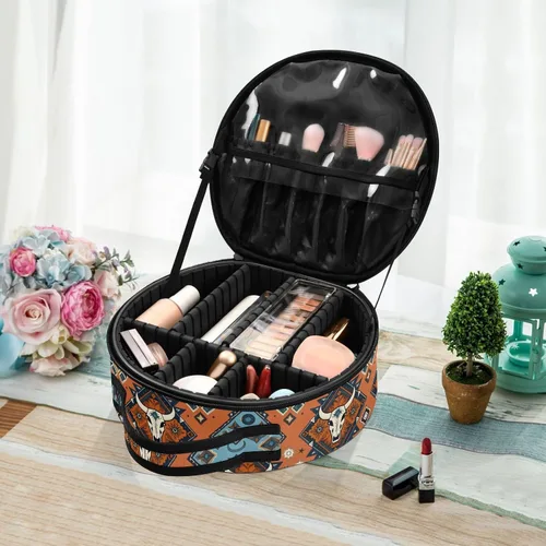 Vista 5 de ALAZA Bolsa de cosméticos de calaveras geométricas aztecas tribales indias, estuche organizador de maquillaje de viaje, bolsa de aseo portátil