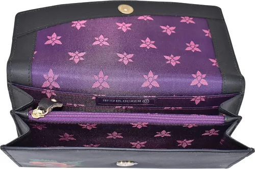 Vista 3 de Anuschka Cartera asimétrica de cuero curtido genuino pintado a mano para mujer, protección RFID, cierre de botón a presión