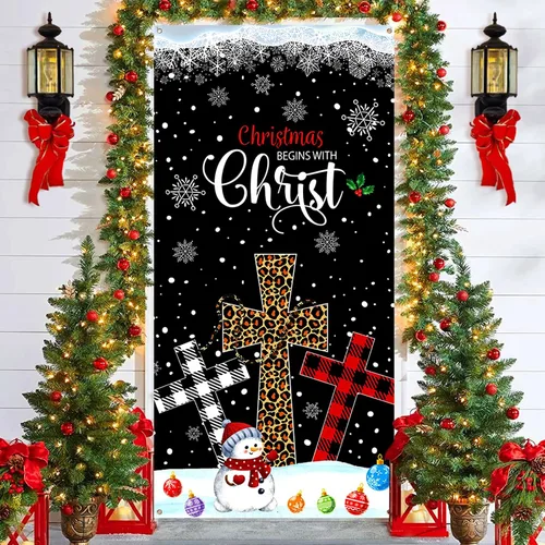 Vista 5 de RUMIA Cubierta de Puerta de Navidad con Nacimiento, "Christmas Begins with Christ", Decoración de Puerta Delantera, Banner, Cruz de Navidad