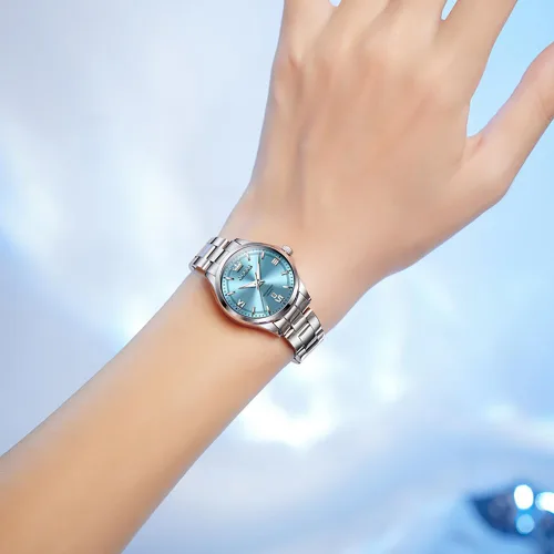 Vista 2 de OLEVS - Relojes de acero inoxidable para mujer, reloj de plata de lujo para damas con fecha, relojes analógicos de cuarzo impermeables y delicados