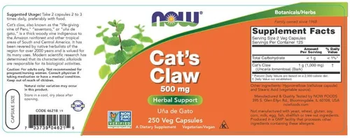 Vista 2 de Now Foods Uña de Gato 500mg 250 Vcaps
