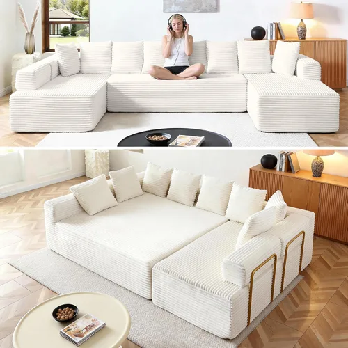 Vista 9 de Sofá grande sin hueso de 125 pulgadas con diván, moderno sofá modular con asiento profundo, sofá tapizado de pana en forma de U para sala de estar
