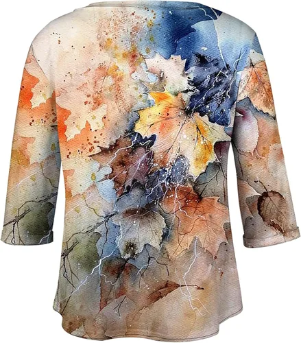 Vista 2 de Camisas de manga larga para mujer, talla grande, manga 34, cuello redondo, blusas estampadas, para ocultar el vientre