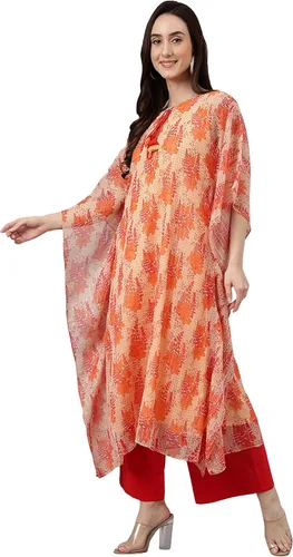 Vista 4 de Janasya Kurta de caftán con estampado floral de lúrex de gasa naranja india para mujer