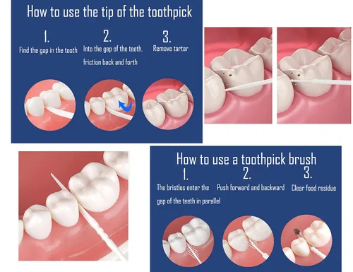 Vista 6 de LBY Palillos de dientes de plástico, palillos interdentales con cepillo y puntas planas de rombo, herramienta de limpieza de dientes caseros