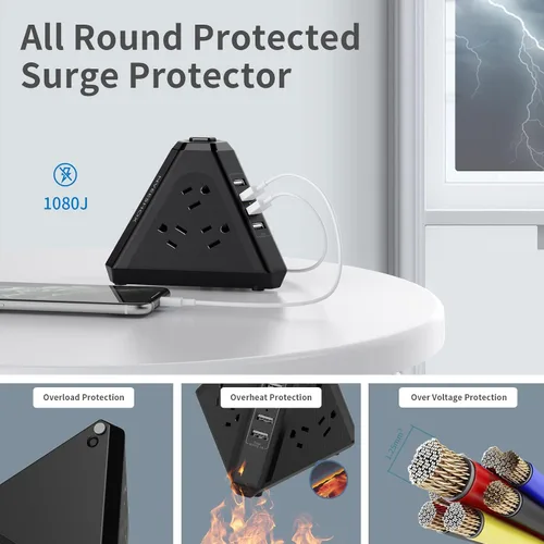Vista 6 de Regleta protectora contra sobretensiones, salida triangular de 3 lados con 9 salidas de CA múltiples 4 puertos USB, cable de extensión de 6.5 pies