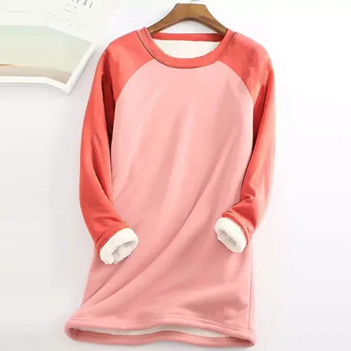Vista 2 de Camisas cálidas con forro polar de invierno para mujer, estilo casual, color liso, raglán, manga larga, cuello redondo, camiseta térmica casual