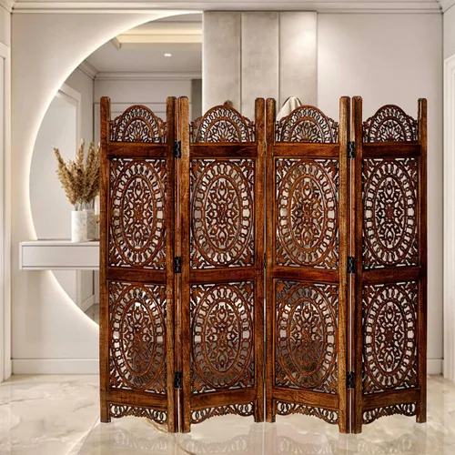Vista 7 de Lightnpro - Divisor plegable con bisagras de madera con diseño de corazón de madera, 4 paneles con diseños intrincadamente tallados, premontado