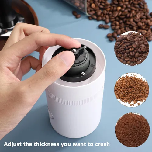 Vista 6 de Molinillo de café eléctrico con rebabas cónicas de acero inoxidable, portátil, molinillo de café compacto con ajustes ajustables precisos (blanco)