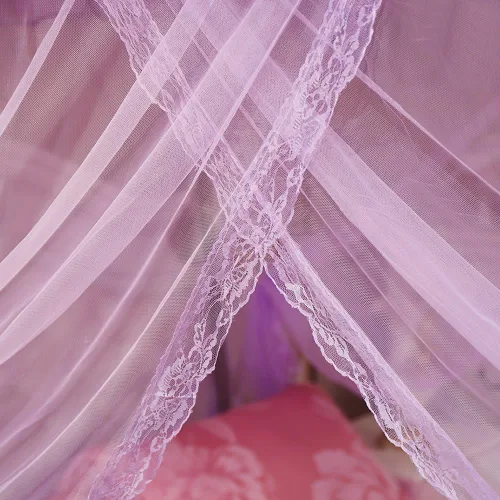 Vista 3 de Mosquitero para cama con detalles de encaje. Mosquitero de lujo mosquitero de cuatro esquinas para cama princesa, para interior o exterior Morado