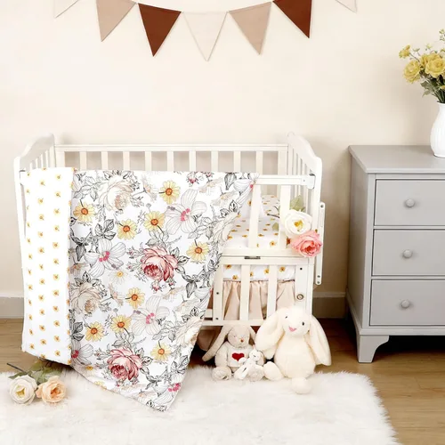 Vista 11 de Juego de ropa de cama de cuna de 4 piezas para niñas, juego de ropa de cama rosa para bebé niña con falda de cuna súper suave, edredón reversible