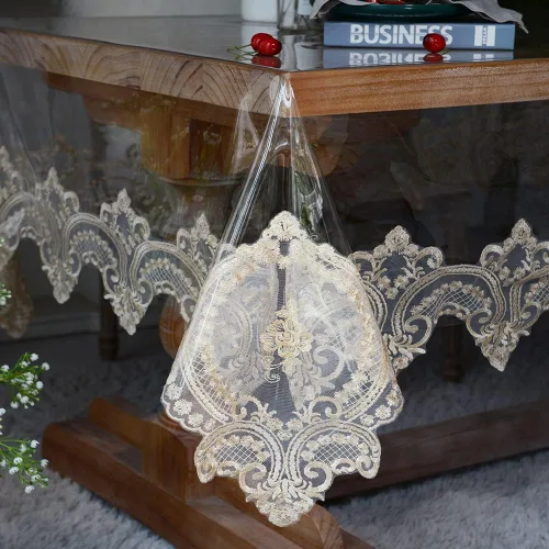 Vista 8 de SUTAVIA Mantel redondo de encaje de vinilo transparente, 100% a prueba de aceite, impermeable, a prueba de derrames, protector de mesa de PVC Champán