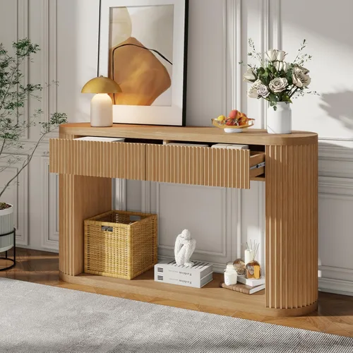 Vista 15 de Moderna mesa consola de 62.2 pulgadas, mesa de sofá con 4 cajones y 2 estantes, adecuada para entrada, pasillo, sala de estar, dormitorio