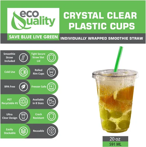 Vista 4 de Vasos desechables de plástico transparente con tapas y popotes para batidos, 500 unidades, 20 onzas (onzas) taza de PET transparente para batidos