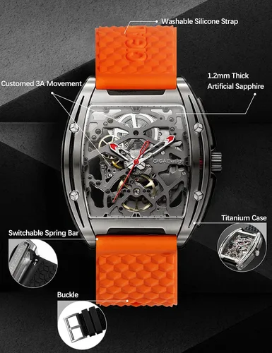 Vista 6 de CIGADesign Reloj de esqueleto automático mecánico de titanio con réplica Tonneau de reloj de pulsera casual impermeable con cristal de zafiro correa