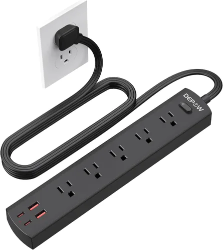 Vista 8 de DEPOW Regleta de Enchufes Negra con Protector contra Sobretensiones, Cable de Extensión Ultra Delgado de 5 Pies con Enchufe Plano, 1700 Julios, 5