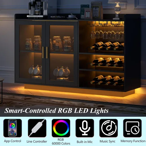 Vista 5 de Gabinete de barra de vino Loomie con luces LED, barra de café flotante con estante de vidrio y estantes de vino removibles, aparador buffet moderno
