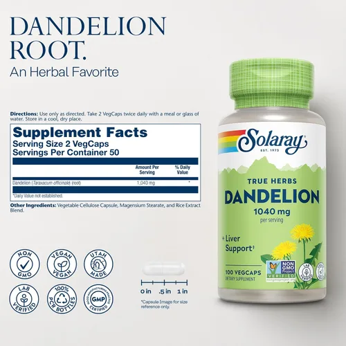 Vista 2 de SOLARAY Suplemento de raíz de diente de león, soporte saludable para los riñones y el hígado, 1,040 mg por porción, vegano, verificado por