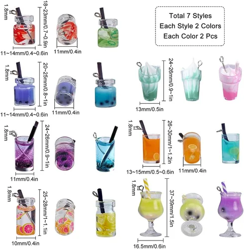 Vista 2 de SUNNYCLUE 1 caja de 7 estilos de té con leche y frutas, mini botella, colgantes de helado de Boba para bebidas de imitación, joyería de vidrio, 28
