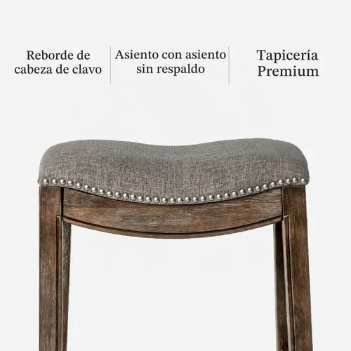 Vista 5 de Maven Lane Adrien Taburete de bar sin espalda, juego de 2, asiento de silla de montar de 31 pulgadas con reposapiés, marco de madera maciza marrón