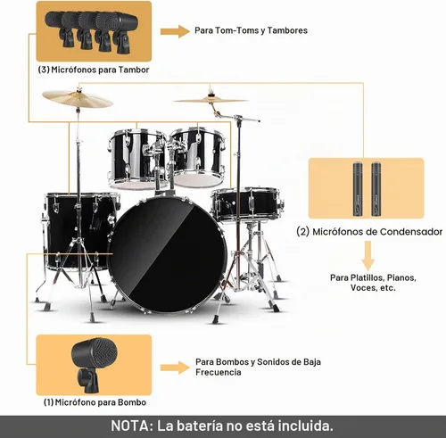 Vista 5 de Phenyx Pro Kit de micrófono de batería, juego de micrófono dinámico con cable de metal completo de 7 piezas para platillos bajos/tom/trampa/Hi-hat
