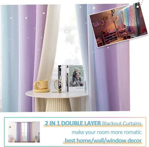 Vista 6 de Anjee Cortinas de estrellas para niñas, estilo recortado, 2 en 1, de doble Azul/Púrpura/Amarillo