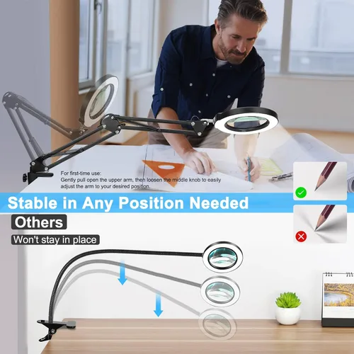 Vista 6 de Coyeth lupa de 10 aumentos con luz y abrazadera, lupa iluminada con soporte de vidrio real, lámpara de escritorio LED regulable sin escalones con 5