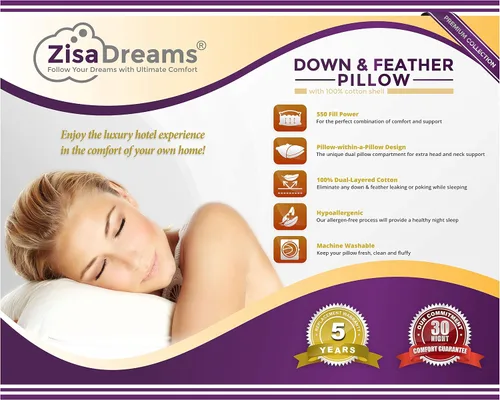 Vista 3 de Almohada prémium de plumón y plumas 100% algodón de doble capa (King, 4 unidades)