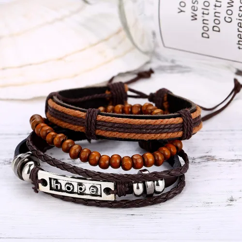 Vista 3 de Hubbering Hope - Pulsera de piel y cuentas de varias capas 3 piezas