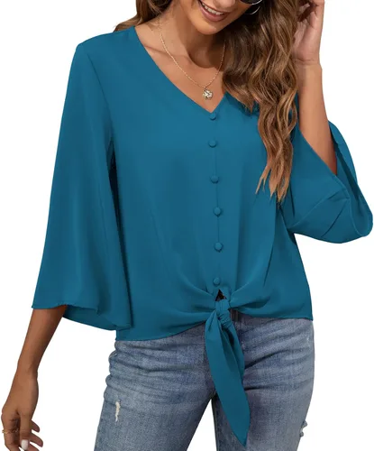 Vista 33 de VIISHOW Blusas de verano para mujer, con botones, cuello en V, de gasa, mangas acampanadas de 3/4, con nudo, casuales 01 Blanco