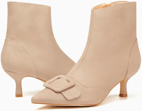 Vista 6 de Coutgo Botines de tacón de gatito para mujer, puntera puntiaguda, cremallera lateral, hebilla cuadrada, botines de invierno