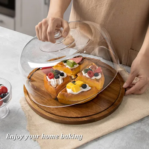 Vista 3 de ANBOXIT Soporte para pasteles con tapa de cúpula, plato de madera de acacia con tapa, soporte de exhibición de pastel de madera con cúpula acrílica