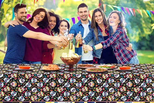 Vista 3 de Mantel de plástico con diseño de Día de los Muertos, diseño mexicano de calavera de azúcar, diseño de calavera de azúcar, impermeable, desechable