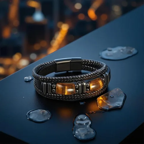 Vista 5 de Pulsera de cuero negro de ojo de tigre para hombre, piedra preciosa de ojo de tigre natural, joyería hecha a mano, pulsera de protección