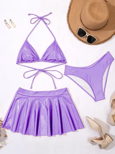 Vista 2 de Trajes de baño triangulares de 3 piezas para mujer, conjunto de bikini metálico, traje de baño con tanga con falda de playa, trajes sexys