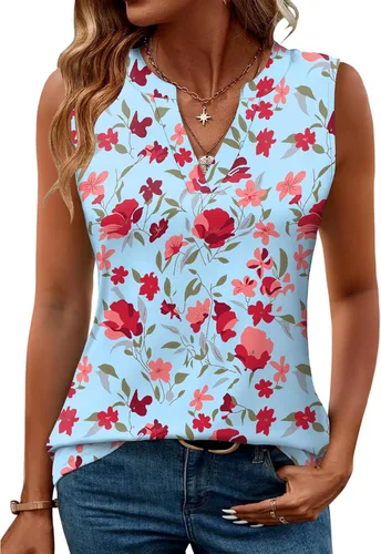 Vista 11 de Romanstii Camisas sin mangas para mujer, estilo casual, de verano, cuello en V, blusas elegantes, túnica