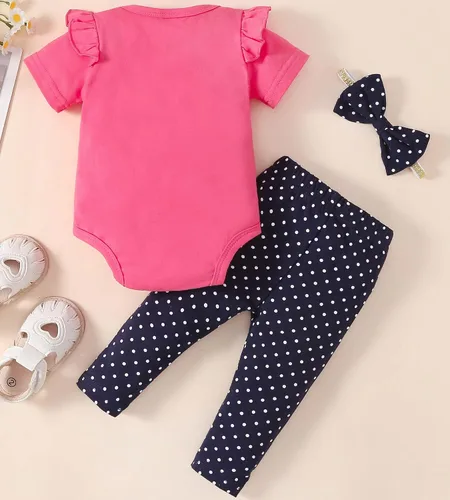 Vista 2 de Fullfamous Conjunto de mameluco y pantalón de manga larga con volantes para niña de 3 piezas