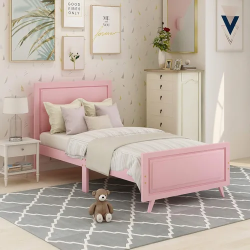Vista 3 de SOFTSEA Base de cama de madera de plataforma individual con cabecero y estribo, base de colchón con soporte de listones de madera (individual, rosa)