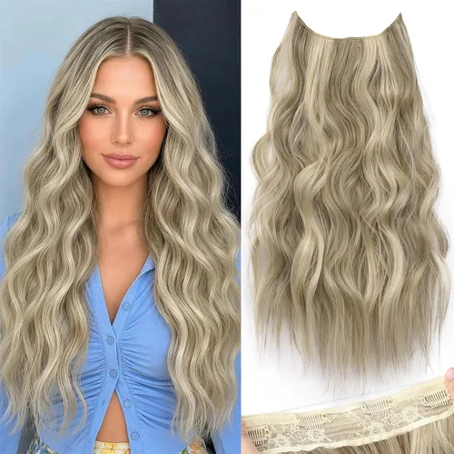 Vista 32 de Extensiones de cabello con hilo invisible, diadema transparente, ajustables, 4 clips fijadores, cabello largo y ondulado de 12 pulgadas, balayage