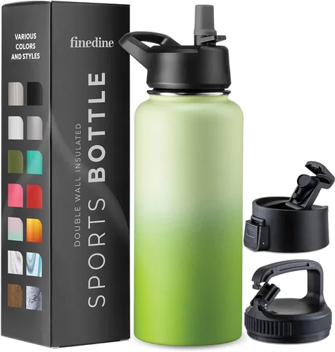Vista 23 de FineDine Botellas de agua aisladas de triple pared con popote, botella de metal de acero inoxidable de 25 onzas con 3 tapas a prueba de fugas