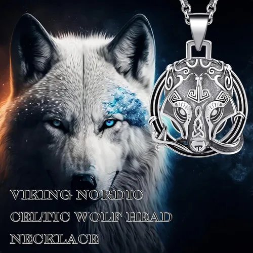 Vista 6 de LES OSEWA Collar de lobo vikingo de plata de ley 925, amuleto pagano nórdico tribal colgante Fenrir Talismán collar lobo celta joyería regalo