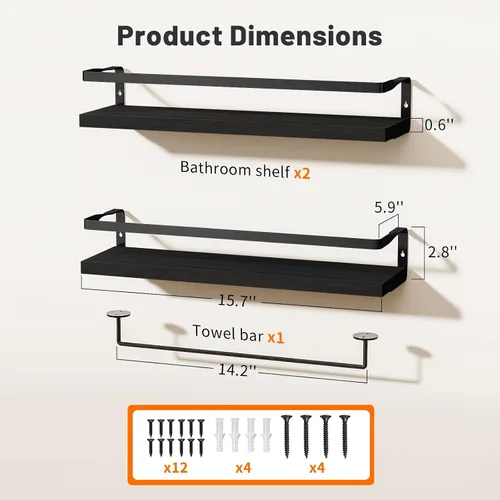 Vista 3 de Estantes de baño con toallero, estantes flotantes para baño, cocina, dormitorio, madera de paulownia, marco de metal negro mate, juego de 2
